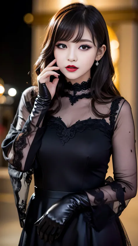 tra-detailed、Japanese、Attractive beauty、seductive adult woman、Pretty Woman、cool girl、brown hair、wavy hair、swept bangs、piercing eyes、hollow eyes、half-closed eyes、Hollow Eyes、Purple Eyeshadow、black lipstick、black lip gloss、dark makeup、smirk、Evil expression、B...