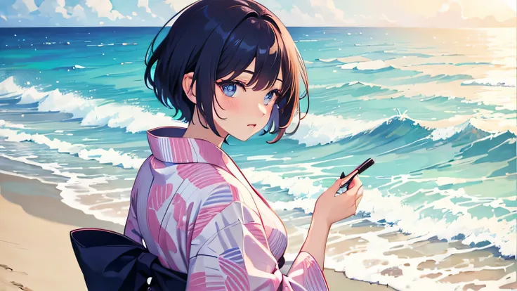 1 woman, wearing yukata, short hair, Choose hair color, deep blue eyes, blush, heading right, looking at the sea, perfect eyes, beach background, high quality