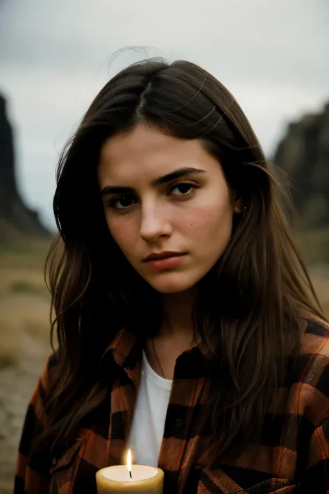 photograph of a woman, (troubled facial expression), textured skin, goosebumps, European  brown hair, plaid flannel shirt with distressed boyfriend jeans, cowboy shot, dark and mysterious cave with unique rock formations and hidden wonders, perfect eyes, (...