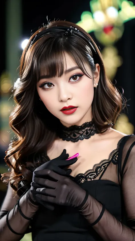 tra-detailed、Japanese、Attractive beauty、seductive adult woman、Pretty Woman、cool girl、brown hair、wavy hair、swept bangs、piercing eyes、hollow eyes、half-closed eyes、Hollow Eyes、Purple Eyeshadow、black lipstick、black lip gloss、dark makeup、smirk、Evil expression、B...