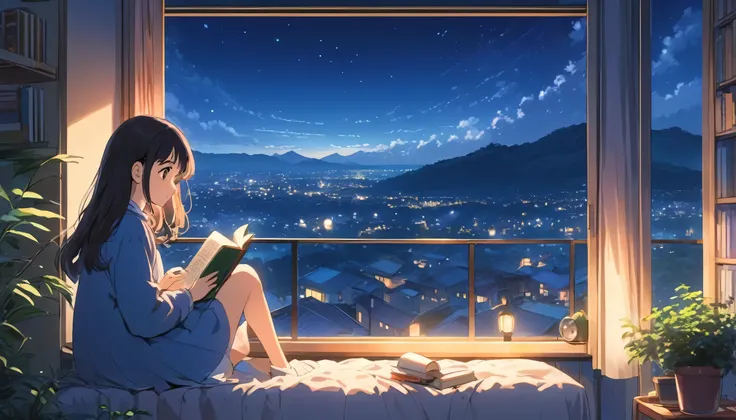 ghibli-like landscape, college age girl reading a book, city night view from room, girl alone, enraptured expression looking out...