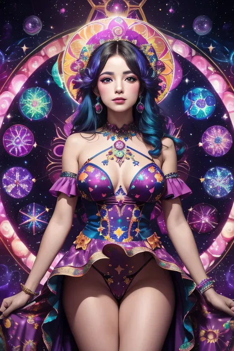 High quality, 4k, psychedelic, woman, celestial carnival, cosmic festival, kaleidoscope cosmos, 1jester, cosmic performer, technicolor show, enchanting, revelry, (dress lift:1.3), (showing her pussy) no pabties, no thong,
