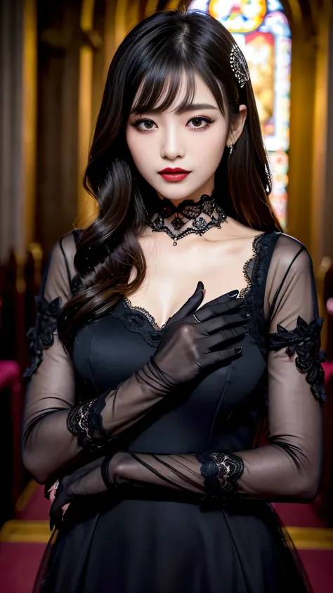 tra-detailed、Japanese、Attractive beauty、seductive adult woman、Pretty Woman、cool girl、brown hair、long wavy hair、swept bangs、piercing eyes、hollow eyes、half-closed eyes、Hollow Eyes、Purple Eyeshadow、black lipstick、black lip gloss、dark makeup、smirk、Evil express...