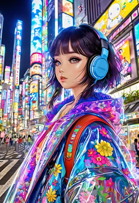 Pixiv, hyper detailed, harajuku fashion, futuristic fashion, anime girl, headphone, colorful reflective fabric inner, transparent PVC jacket, in tokyo city, Harajuku fashion, mucha, :: rossdraws, by tran ross, vivid floral oversized Sukajan bomber jacket, ...