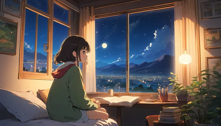 Ghibli-like scenery, girl studying alone while listening to music, night view from room, enraptured expression looking out window, cute girl like in anime, relaxing in room, room filled with warm light.