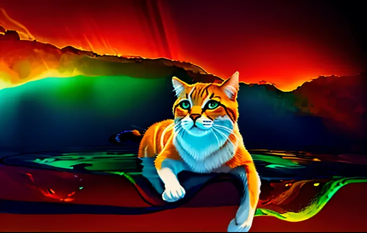 lindo gato, retrato, iluminar desde el fondo, Abstracto, pintura, ethereal, liquid, Abstracto, obra maestra , muy detallado, mejor calidad, of the highest quality, Realistic lighting, hiperdetallado, hiperrealismo, cores, vistoso,