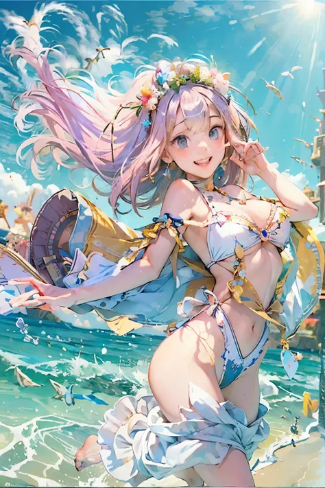 masterpiece、Mastepiece、girl、Random hairstyle、Clear eyes、Smiling at the audience、Perfect proportions、full body shot、Random Swimsuit、Sexy pose、The background is the sea