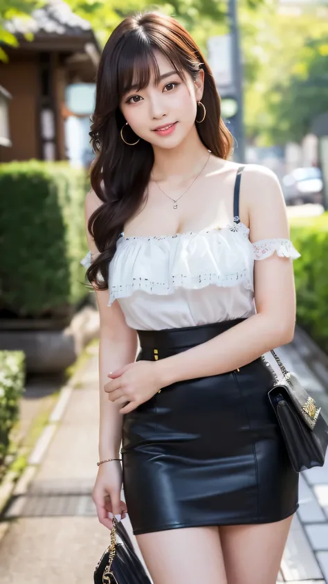 (realistic, photo-realistic:1.4), (extremely detailed 8k wallpaper), bokeh, detailed beautiful eyes and skin, (Image from thighs to head:1.3), (Japanese idol:1.3), 25yo, beautiful woman, smile, (large breast:1.2), full body, 
Embroidered mini skirt, lace t...