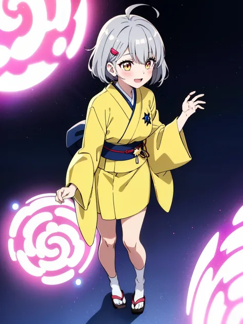 (1girl), ((gray hair)), ((silver hair)), ((golden yellow eyes)), short hair, ahoge, ((hair covering left eye)), ((bangs covering left eye)), ((left eye hidden)), bangs, hair bow, large breasts, standing, cute pose, wind, flowing hair, majestic, anime scree...