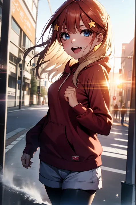 itsukinakano, Itsuki Nakano, bangs, blue eyes,Ahoge, Redhead, star (symbol),hair ornaments, star hair ornaments,happy smile, smile, Open your mouth,Short braided hair,Long Hair,ponytail,Medium Breast,red oversized hoodie,Shorts,White pantyhose,short boots,...