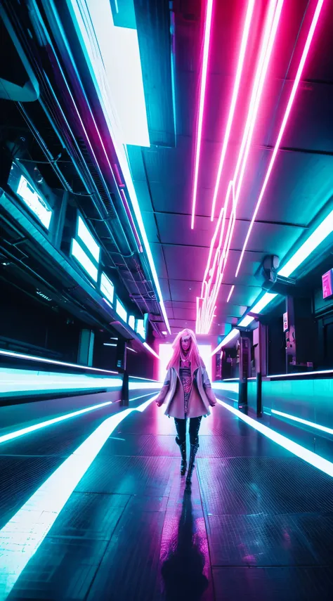 cyber punk, Pink Hair, Futuristic, Surreal, Ultra Wide, Wide-angle lens, look up, Dynamic Movement, Expressive, Vibrant, The sacred boundaries of cinema, laser hologram