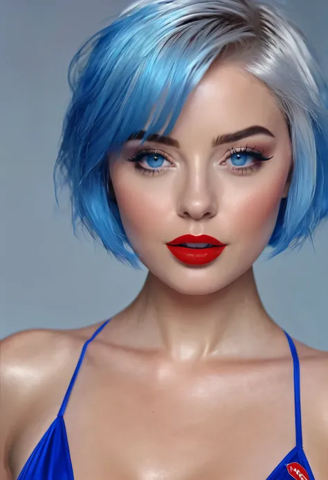 creates the image of a woman in a blue bikini with short hair, blue eyes and red lipstick, UHD, Realistic 