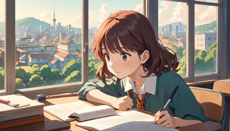 Ghibli style, Japanese high school student studying at school, city view from window, expression looking out window, cute anime-like girl, pen in hand, bright morning light in classroom