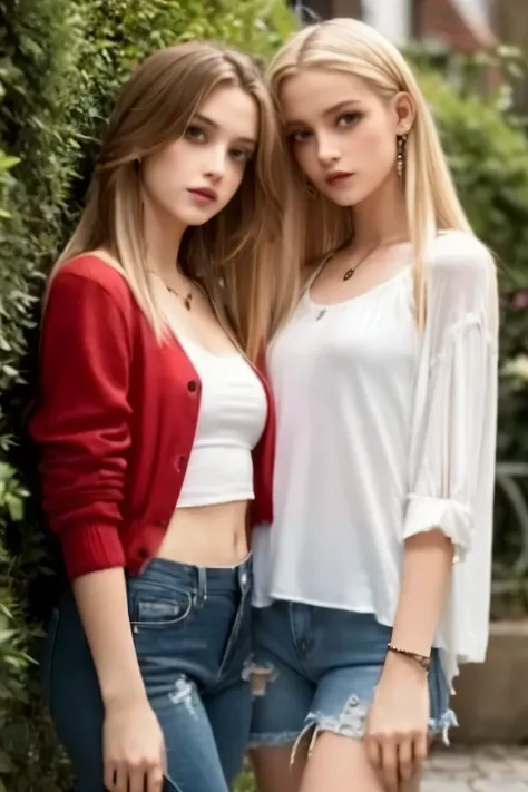 (best quality, 4k, highres, realistic:1.37), two blonde girls sisters, casual outfit, beautiful detailed eyes, beautiful detailed lips, long eyelashes, natural makeup, shiny hair, joyful expressions, relaxed pose, outdoor setting, green garden, blooming fl...