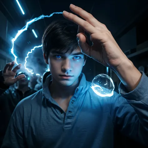 High school boy with glowing blue eyes facing the right, in front of him is a blue floating hand with a magical effect