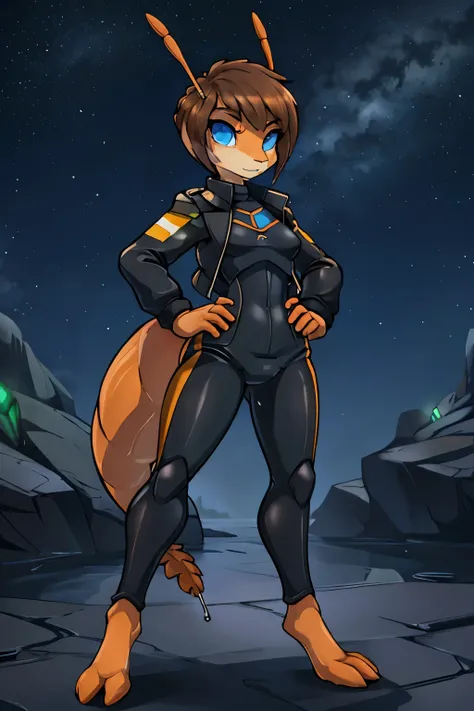 anthro ant, cute, skinny, feminine body, Looking at viewer, night sky background, thin body, black and orange wet suit, short hair, dark blonde hair, slicked haircut, forehead, blue eyes, utility belt, cropped jacket, (2 long ant antenna), insect, arthropo...