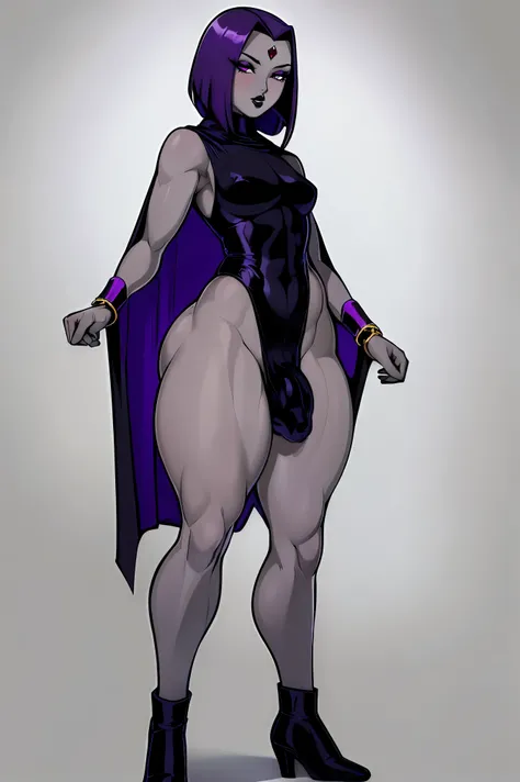 (solo:1.1),(masterpiece), (best quality:1.3), ultra detailed, intricate, professional art, digital art, absurdres, shadraven, (Full body view:1.1), 1girl, solo, (grey skin:1.4), dark purple hair, bob hair, purple eyes, hips wider than shoulders, pear shape...