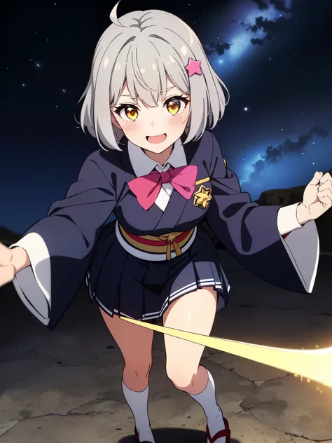 (1girl), ((gray hair)), ((silver hair)), ((golden yellow eyes)), short hair, ahoge, ((hair covering left eye)), ((bangs covering left eye)), ((left eye hidden)), bangs, hair bow, large breasts, standing, cute pose, majestic, open cardigan, ((star themed ou...