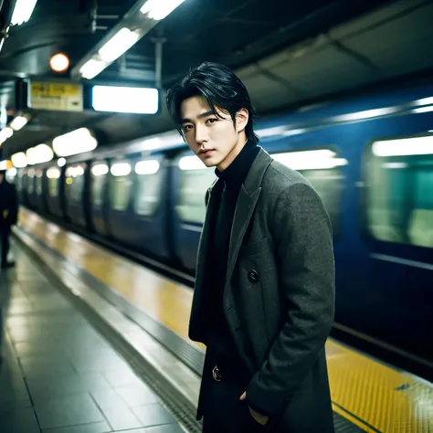 Cinematic Photo of a handsome korean man 30 y.o fashion model bokeh train, medium black hair 