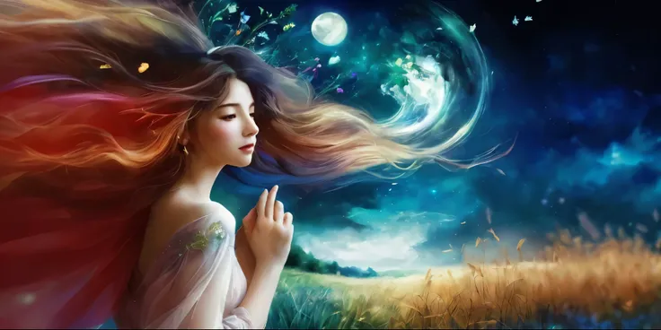 A beautiful and mysterious woman looking at a very soft and open grass field、Healing, fantastical and realistic expressions、Artistic expression like Chagall、Random composition、Fantasy Illustration、Fairy tale、((highest quality)), ((High resolution 16k)), ((...