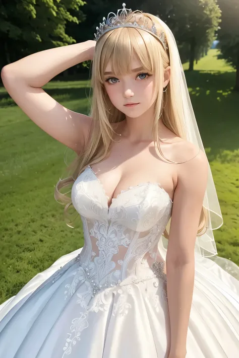 A girl,16 year old,wedding dress,european countryside,blonde,bangs bangs,pretty face,thick and muscular upper arms,tiara,armpit