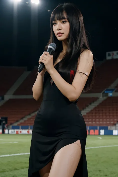 Asian woman being interviewed after a football match, long black hair, eyebags, standing in a football pitch,being interviewed, young face, one piece long black dress , straight fringe hair, straight bangs, talking to the microphone, elegant dress, talking...