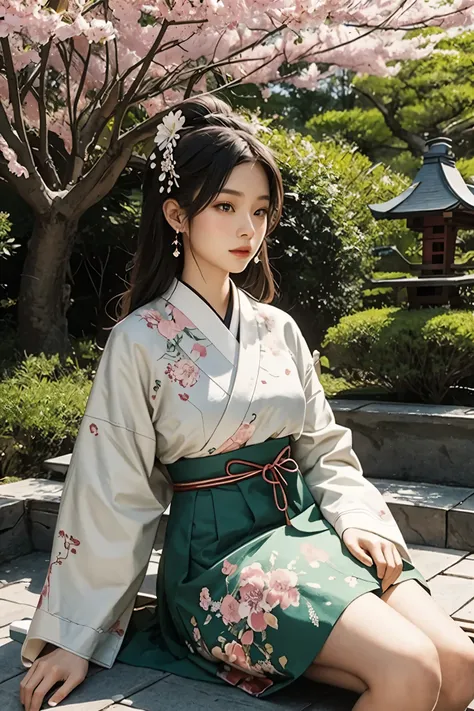 An elegant Taiwanese beauty sits cross-legged on the ground in a tranquil Japanese cherry blossom garden. Adorned in traditional garments, she proudly wears a bright floral headpiece that harmonizes with the surrounding blooms. A gentle breeze rustles thro...