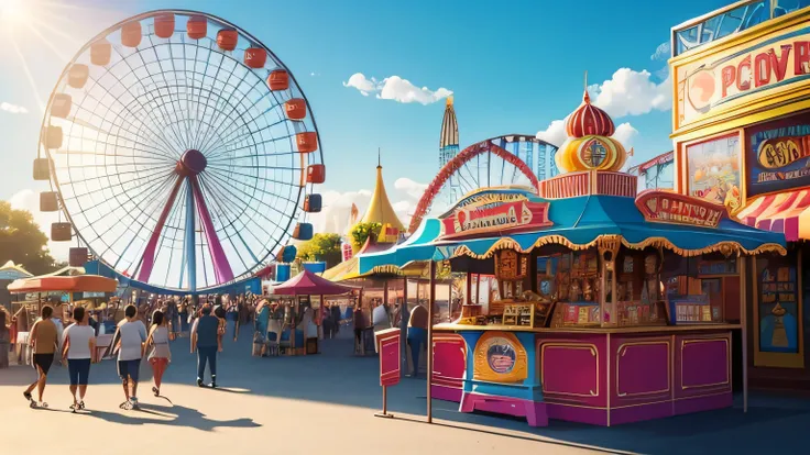 an amusement park, with a ferris wheel and a popcorn cart, daylight, sunlight, heat