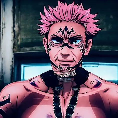 "Generate an image of a menacing and pitiful-looking character, pink spiky hair with a juvenile appearance with an air of ancient wisdom, adorned with ornate and intricate tattoos, exuding an aura of dark energy."