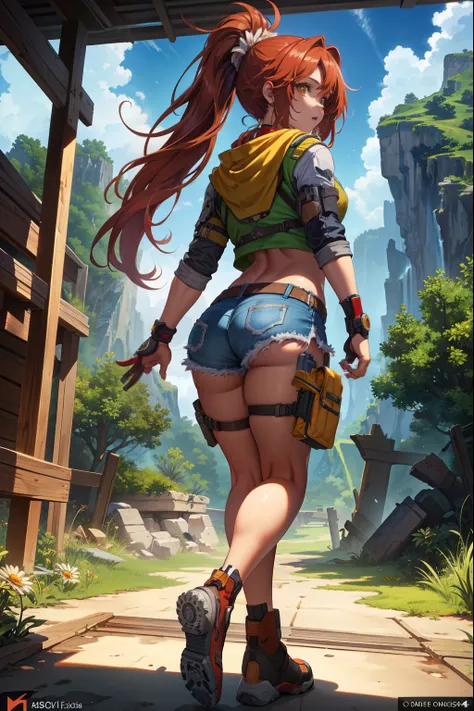 (extremely detailed CG unity 4k wallpaper),(masterpiece),(best quality),(ultra-detailed),(best illustration),(best shadow),(absurdres),(detailed background), Red long hair (Ponytail), Daisy dukes,