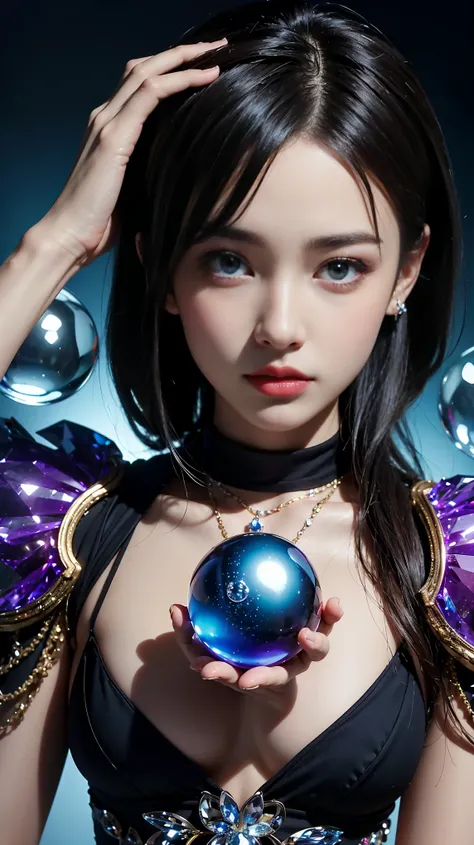 （And soul）（Secondary elements）1 girl、Blue Hair、Hair length、blue eyes、Gradient Eye、Sparkling eyes、Bright Eyes、Finely tuned、Expressive eyes、Blue clothes、gem、blue lighting、Blue Theme、（shape：1.5）、Abstract、highest quality、Very detailed、(((Have a crystal ball)))...