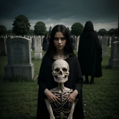 I imagine a scene where several skeletal figures, representando a Morte, are gathered over graves in a cemetery, sitting in silence. Cada uma delas tem uma postura solene, com suas capas escuras flutuando suavemente ao vento noturno. Their expressionless f...