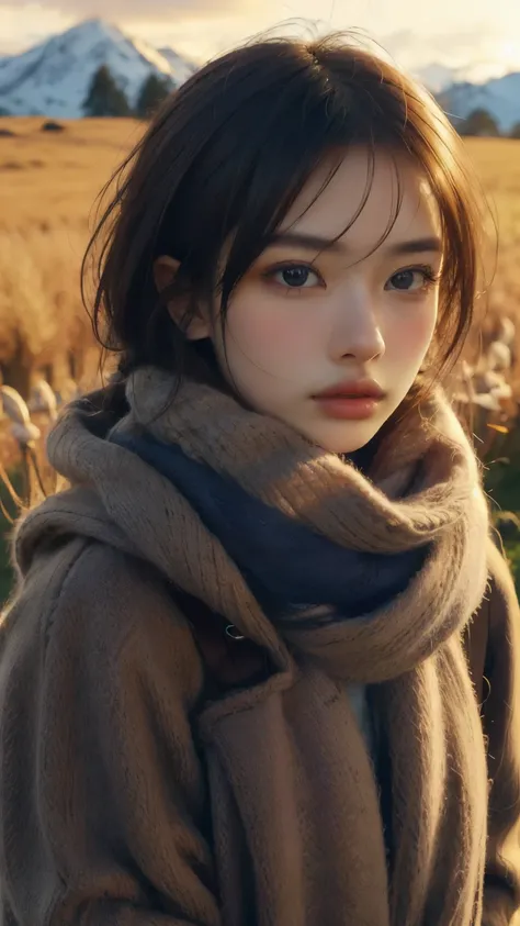 8k, best quality, masterpiece, realistic, ultra detail, photo realistic, Increase quality, 
a photo of a girl standing in a field with a scarf, in the style of dark and brooding designer, voluminous mass, photobash, serene faces, jagged edges, navy, natura...