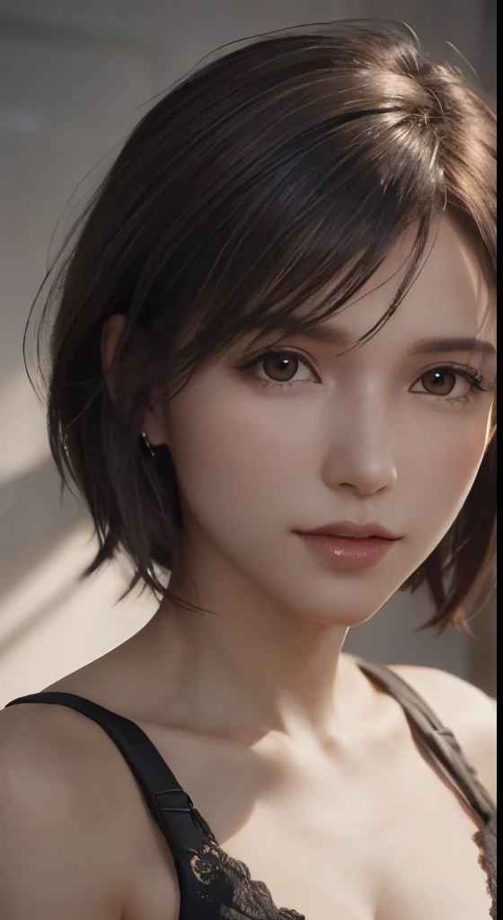 Cinematic Lighting、perfect、Soft Light、High resolution skin:1.2、Realistic skin texture、30 year old mature woman、Small face、No makeup、Bust B cup、、Beautiful small brown eyes、short hair、Dark Brown Hair、Cool Beauty、Gray background