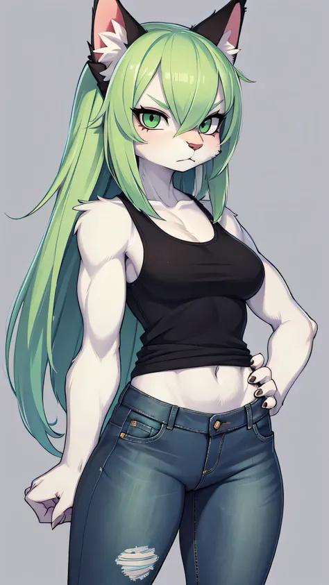 1 woman, furry, cat, white fur, light green hair, a little muscular, black clothes, wearing a tank top and tight jeans, several scars from cuts on her arms, serious pose, serious expression