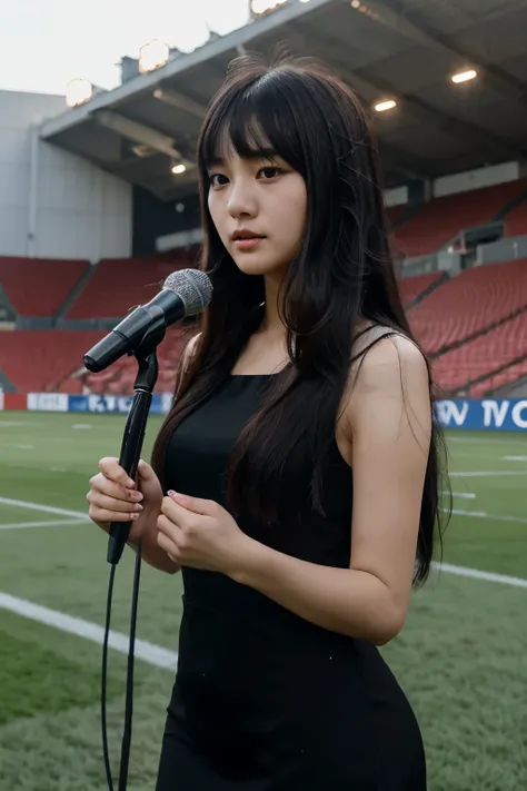 Young teen Korean woman being interviewed after a football match, long black hair, eyebags, standing in a football pitch,being interviewed, young face, one piece long black dress , straight fringe hair, straight bangs, talking to the microphone, elegant dr...