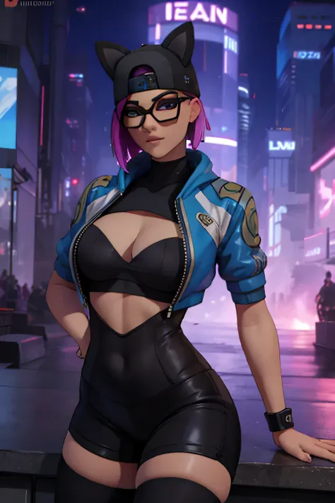 Traje de lino Cyberpunk, gorra, shorts negro con leggins Azul Marino, chaqueta azul marino ,Extremadamente detallado, rostro detallado, gafas , guantes sin dedos ,hermoso rostro, ojos finos, mirando al espectador, pose femenino, Noche 