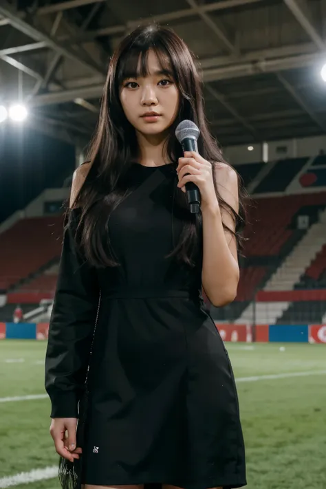 Young teen Korean woman being interviewed after a football match, long black hair, eyebags, standing in a football pitch,being interviewed, young face, one piece long black dress , straight fringe hair, straight bangs, talking to the microphone, elegant dr...