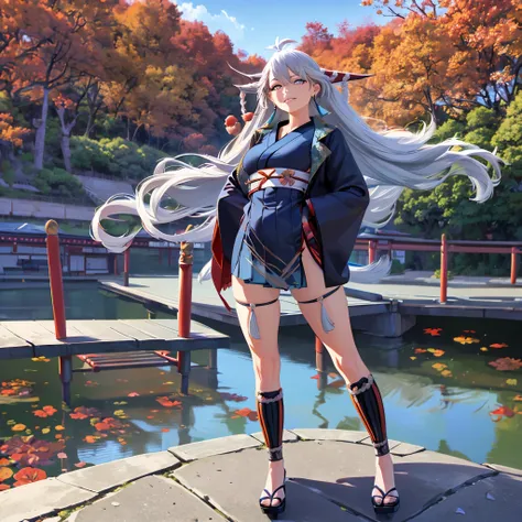 a (((woman in a traditional blue japanese kimono))), with long flowing silver hair and striking mirrored eyes, standing on a ((t...