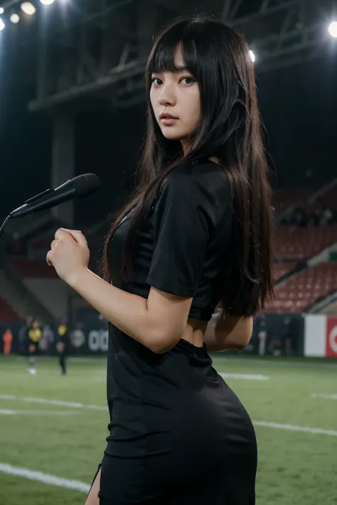 Young teen Korean woman being interviewed after a football match, long black hair, eyebags, standing in a football pitch,being interviewed, young face, one piece long black dress , straight fringe hair, straight bangs, talking to the microphone, elegant dr...