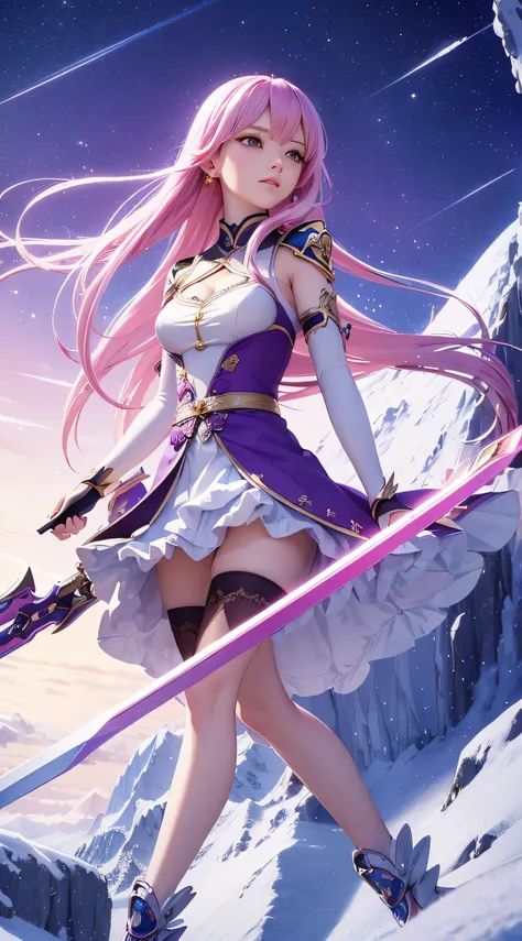 extreme detail, perfection, aerial photograph, like a work of art, anime girl with ice and snow sword, her pink hair and long pu...