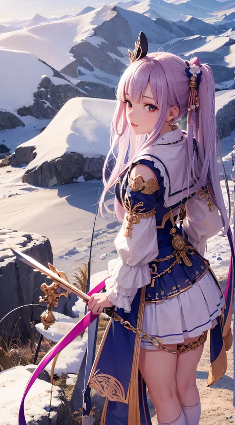 Extreme Detail, perfection, aerial photograph, Like a work of art, Anime girl with ice and snow sword, Her pink hair and long purple skirt complement each other well., Ayaka Genshin gazing into the distance, Leading to the world of Genshin.