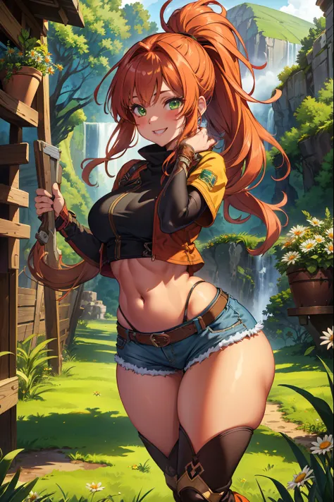 (extremely detailed CG unity 4k wallpaper),(masterpiece),(best quality),(ultra-detailed),(best illustration),(best shadow),(absurdres),(detailed background), Red long hair (Ponytail), green eyes, Daisy dukes, Smiling, Boots, farm, wide hips, big ass, thick...