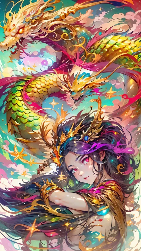 Golden Dragon。Rainbow glowing scales。The dragon god is coming。Golden Splash、Milky Way、god々々right、front、eyesight、Eyes glow red、View front、God&#39;s secret