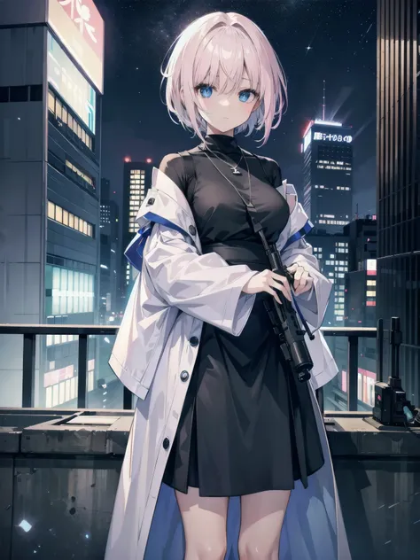 late night、rooftop of an urban building、sniper woman、white medium short hair lob hair with light pink mesh、blue eyes、black long ...