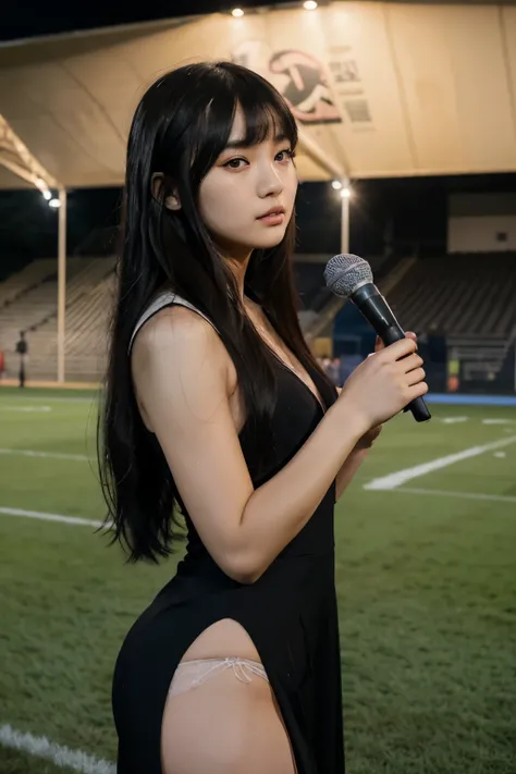 Young teen Korean woman being interviewed after a football match, long black hair, eyebags, standing in a football pitch,being interviewed, young face, one piece long black dress , straight fringe hair, straight bangs, talking to the microphone, elegant dr...