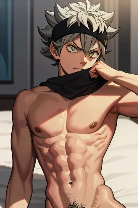 Masterpiece, Best quality, High quality, 1boy, Solo, Asta, lying on bed, sleeping, gray hair, black headband, shirt off, shirtless, green eyes, medium body, naked, showing His penis, his dick, showing his muscle.