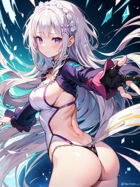 (butt), (sexy girl), Emilia re:zero, purple eyes, Emilia, crown braid, x hair ornament, flower hair ornament, white hair, long hair, medium breasts, masterpiece, best quality, 1girl, bangs, blush, ear piercing, eyebrows visible through hair, jewelry, long ...