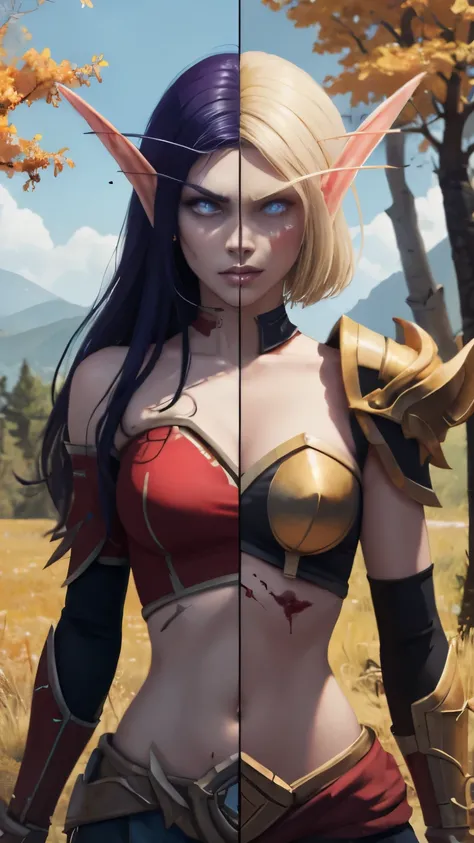 (Masterpiece, highly detailed, highly quality,  highly resolutions), SplitScreen, split screen, BREAK nightelf, angry, clenched teeth, scars on face, glowing eyes, blue eyes, Purple Hair, colored skin, mature female, purple midriff, navel, purple spike sho...