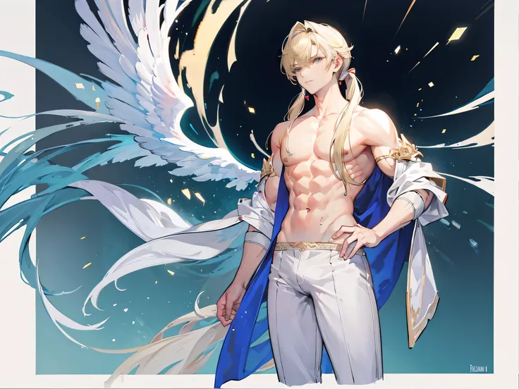 ((Masterpiece, Highest quality)), Male, boy, Detailed face, character design sheet， full bodyesbian, Full of details, frontal body view, back body view, Highly detailed, Depth, Many parts, angel wings, angel outfit, Muscle boy with blonde ponytail hair ，ha...